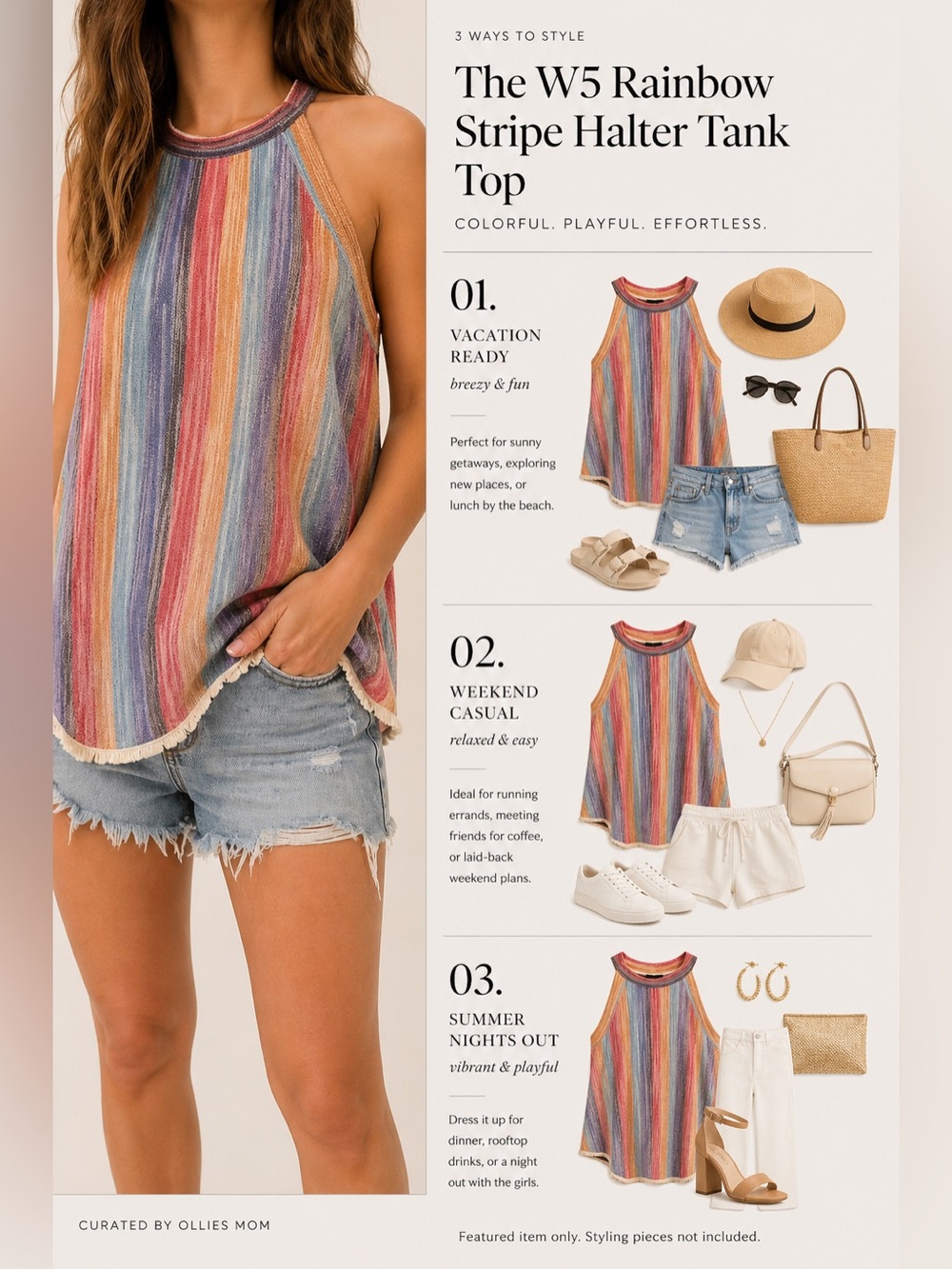 W5 Rainbow Stripe Halter Tank Top — Coral, Blue, Lavender, Gold Fringe Swing Top